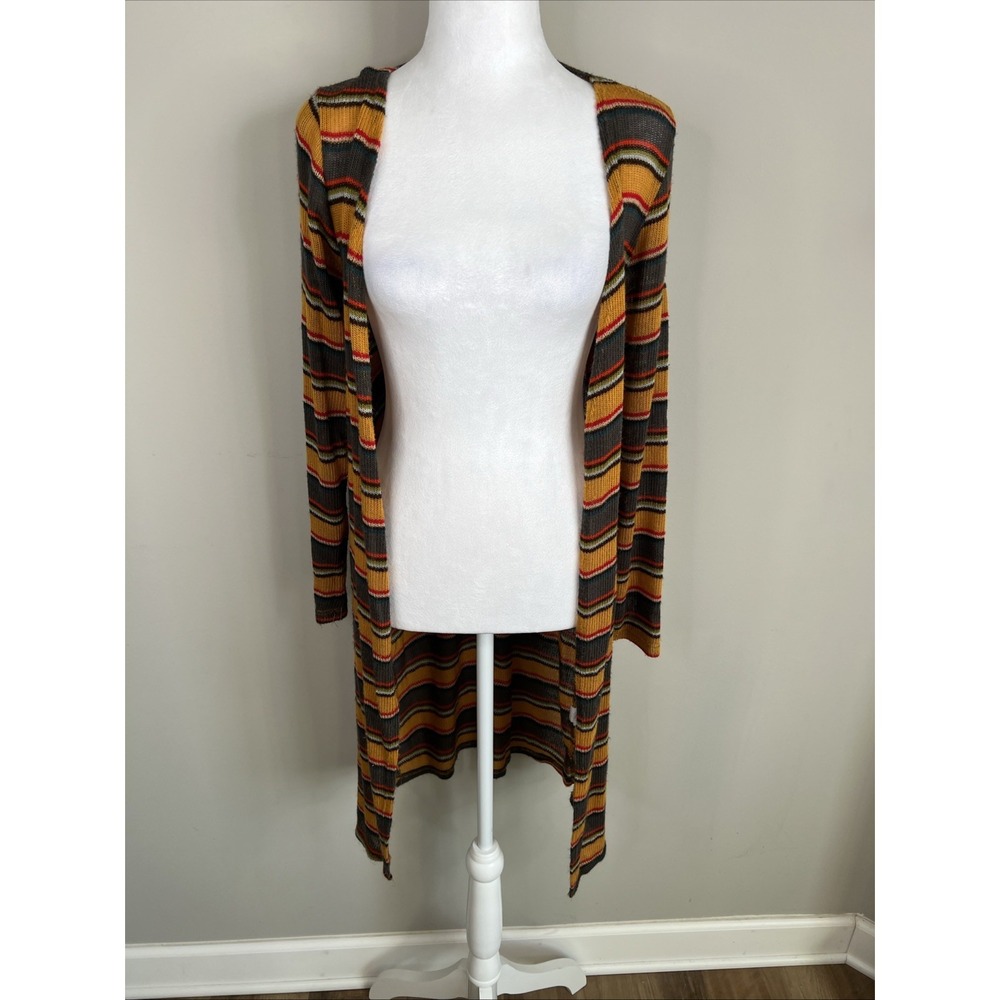 Y2K Duster Stripe Open Front Cardigan‎ Womens L Earthy Grunge Loose Knit Layer